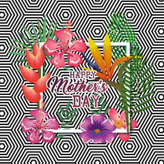 Fototapeta na wymiar happy mothers day card with floral decoration over geometric lines background