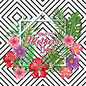 happy mothers day card with floral decoration over geometric lines background