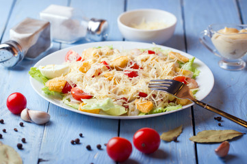 Seafood Caesar Salad with Shrimps, Salad Leaf, Croutons, Cherry Tomato and Parmesan Cheese