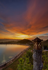 Fototapeta premium Sunset at Nglanggeran Lake, Gunung Kidul, Yogyakarta, Indonesia