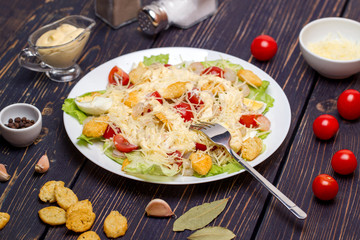 Seafood Caesar Salad with Shrimps, Salad Leaf, Croutons, Cherry Tomato and Parmesan Cheese