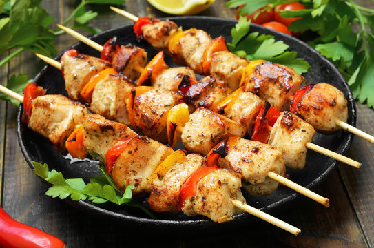 Barbecue, chicken kebab with vegetables