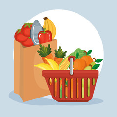 supermarket groceries in basket shopping vector illustration design