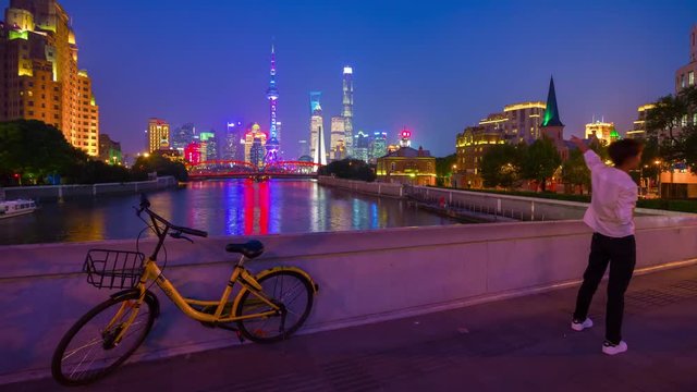 shanghai city night illuminated downtown bridge panorama 4k timelapse china
