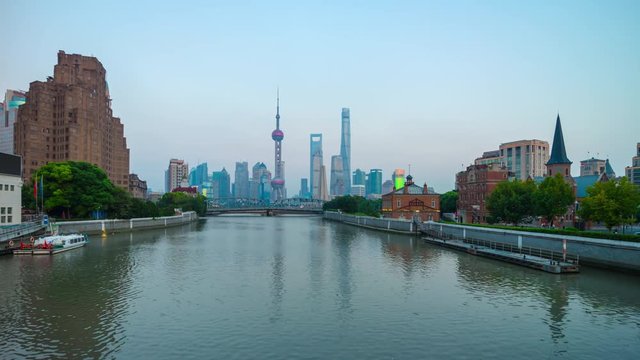 twilight illuminated shanghai city downtown river bay panorama 4k timelapse china
