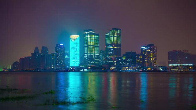 night illumination shanghai cityscape riverside bay panorama 4k timelapse china
