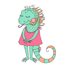 Cute iguana with closed eyes in pink dress