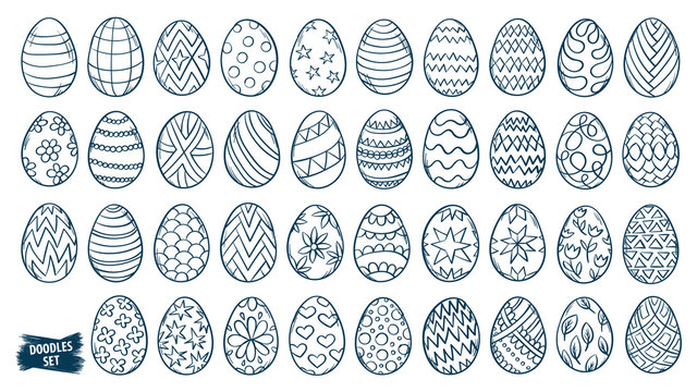 Easter eggs doodle set. Spring holiday symbols. Egg ornaments sketch. Hand drawn style scrawl. Set of simple doodles. Kids drawing. Vector collection isolated on white.