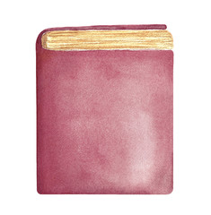 Blank vertical standing book template. One single object. Dark red, brown color. Wisdom, education, knowledge symbol. Hand painted water colour graphic illustration on white background, cut out.