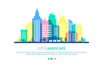 City landscape template. Flat style illustration in punchy pastels colors. Colored Buildings on white background. Cityscape background in pastel colors. Urban life.