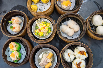 yumcha, dim sum in bamboo steamer, chinese cuisine
