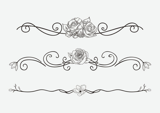 Vector Black Floral Dividers with Flowers and Swirls