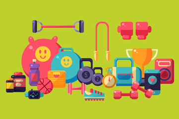 Fitness equipment set, colorful glossy gym workout elements vector Illustration on a green background