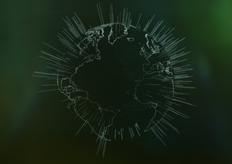 Hologram world globe map 3D illustration with particles on black background.