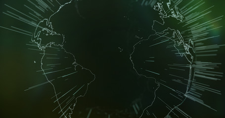 Hologram world globe map 3D illustration with particles on black background.