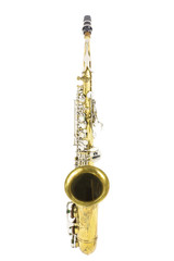 isolated in white portrait of an alto saxophone / frontal view of a gold and silver brass saxophone in white background