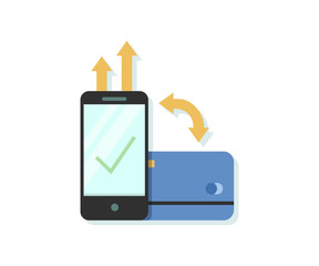 Flat design vector illustration of online payment via smartphone app with credit or debit card