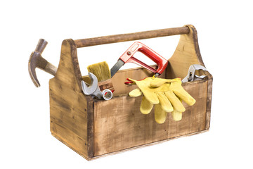 isolated in white vintage wooden toolbox / essential kit of handyman tools in white background