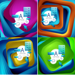 Set of rotating swirl square backgrounds, color rectangles with stepping blending effect with sample infographics or slogan. Business presentation templates.