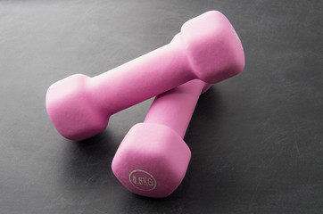 Two pink dumbbell on a gray background