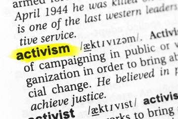 Highlighted English word "activism" and its definition in the dictionary