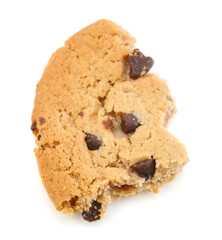 Closeup of crumbled chocolate chip cookie on white background