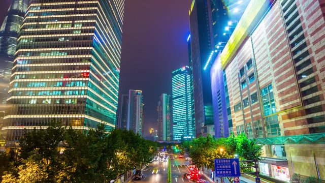 night illuminated shanghai pudong downtown traffic street panorama 4k timelapse china
