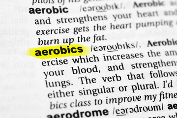 Highlighted English word "aerobics" and its definition in the dictionary