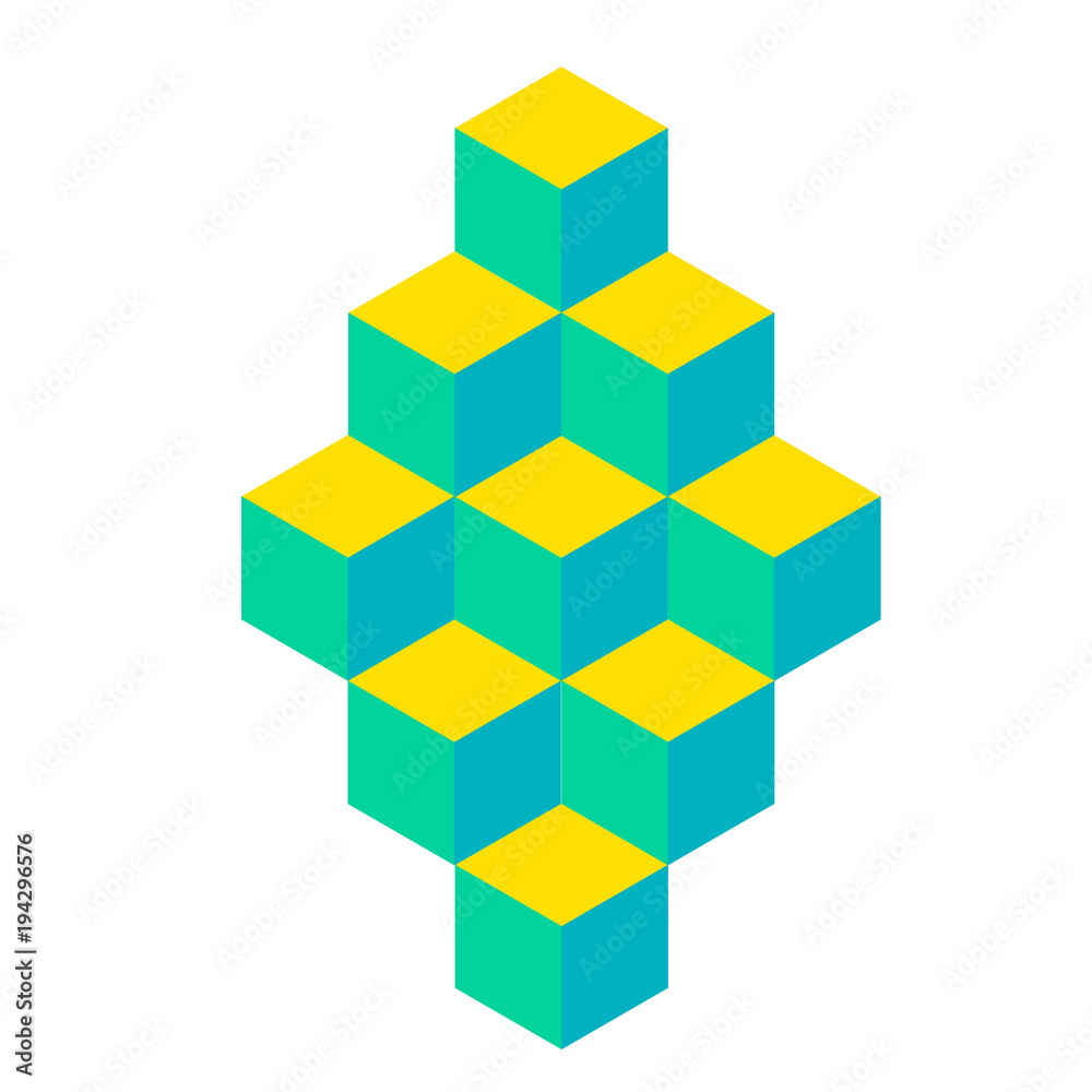Poster illusive figure constructed of isometric cubes.