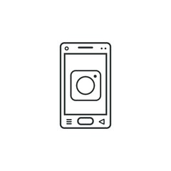 black and white linear icon of a smartphone with a camera sign