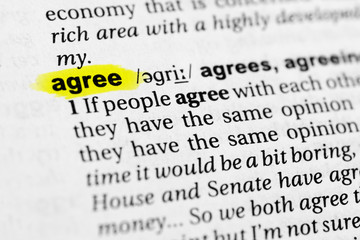 Highlighted English word "agree" and its definition in the dictionary