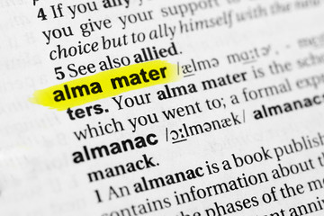 Highlighted English word "alma mater" and its definition in the dictionary