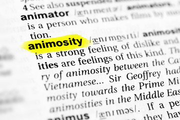 Highlighted English word "animosity" and its definition in the dictionary