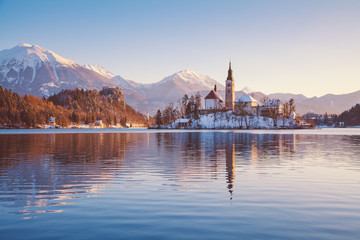 Lake Bled with Bled Island at sunrise in winter, Slovenia