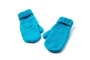 Blue mittens isolated on white background