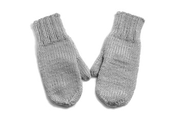 Grey mittens isolated on white background