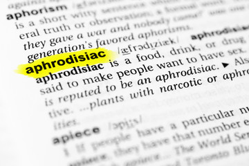 Highlighted English word "aphrodisiac" and its definition in the dictionary