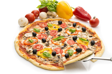 Delicious italian pizzas lifted slice 1 Isolated on white background. Pizza with ham, pepper and olives