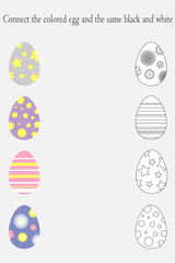 Find pairs of identical colored and black white pictures, fun education game with easter eggs for children, preschool worksheet activity for kids, task for the development of logical thinking, vector