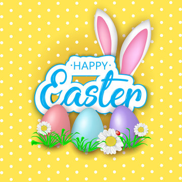 Cute Easter greeting card with flowers, Easter eggs and Rabbit ears on yellow background. Vector illustration