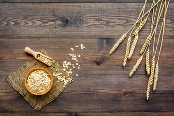 Cereals concept. Oatmeal in bowl near sprigs of wheat on dark wooden background top view copy space