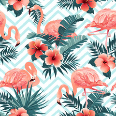 Obraz premium Piękny ptak Flamingo i tropikalne kwiaty w tle. Wektor wzór.