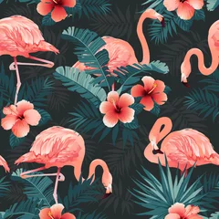 Tapeten Flamingo Schöner Flamingo-Vogel und tropischer Blumen-Hintergrund. Nahtloser Mustervektor.