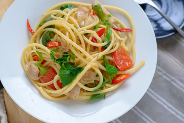 Stir fry spicy Bucatini basil