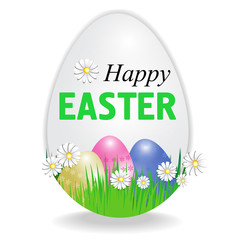 Happy Easter poster in the shape of an egg with paschal eggs isolated on white background. Vector
