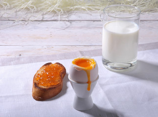 Healthy Morning Breakfast set with egg, orange jam on bread toast and milk in glass.