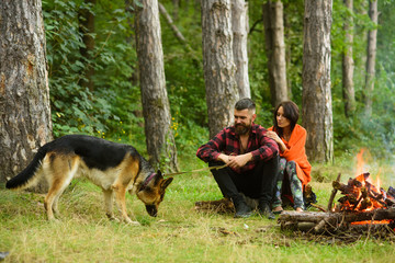 Couple with german shepherd dog sit near bonfire, forest background.