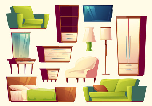 Vector cartoon set of furniture - sofa, bed, closet, armchair, torchere, tv set, wardrobe, pier-glass, shelf, settee for bedroom, lounge - modern interior creation set indoor furnishings