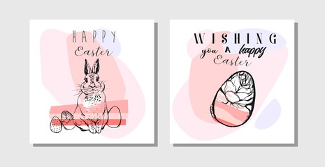 Hand drawn vector abstract creative Easter greeting postcards design template with painted Easter eggs and Easter bunny isolated on white background.Design for flayer,invitation,journaling,decorations