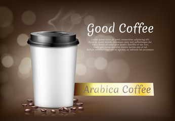 Vector realistic banner with cup of arabica coffee to go and beans, cardboard container for hot drinks to takeaway. Plastic mug with lid on brown background, mockup for brand promotion, package design